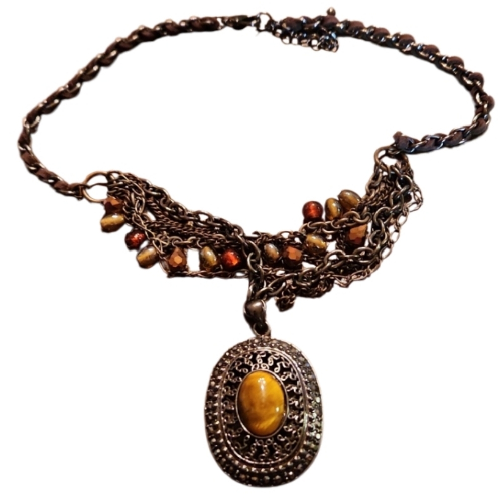 Vintage bronze tiger Eye bead pendant